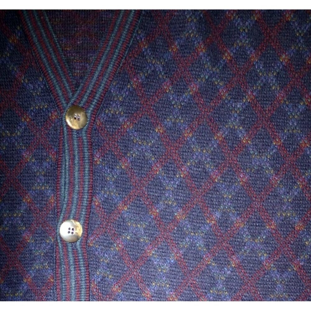 Vtg 90s Florence Tricot Cardigan Sweater Argyle L Patterned Wool Blend Italy - Picture 6 of 8